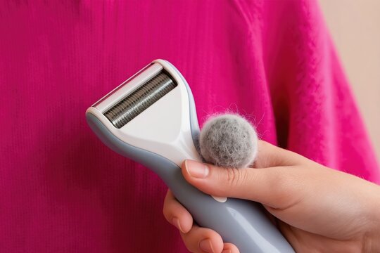 Woman uses electric fabric shaver device on pink sweater. Tool removes fuzz balls from wool clothing. Device restores fabric texture for better care and upkeep.