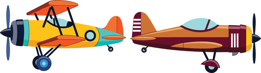 Colorful Airplane Illustration Set with Vintage Biplanes for Aviation and Travel Designs © MstRanzina