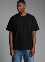 Plakat Young Black man wears plain black oversized t-shirt and blue jeans. Stands against plain grey background. Casual outfit, modern style. Perfect for fashion or ad mockups.