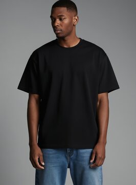Young Black man wears plain black oversized t-shirt and blue jeans. Stands against plain grey background. Casual outfit, modern style. Perfect for fashion or ad mockups.