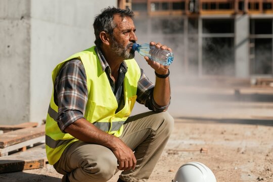 Construction worker drinks water on hot day. Man in safety vest squats on dirt site, staying hydrated. Building work continues under harsh sun, showing worker fatigue and heat stress.