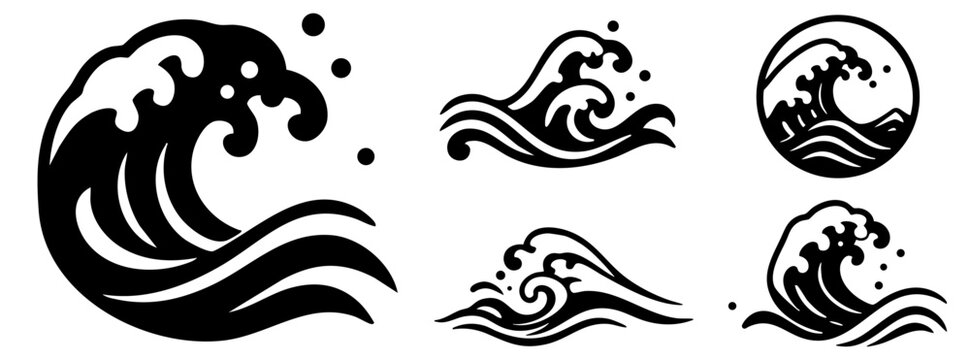 和風で切り絵風の波のイラストセット
