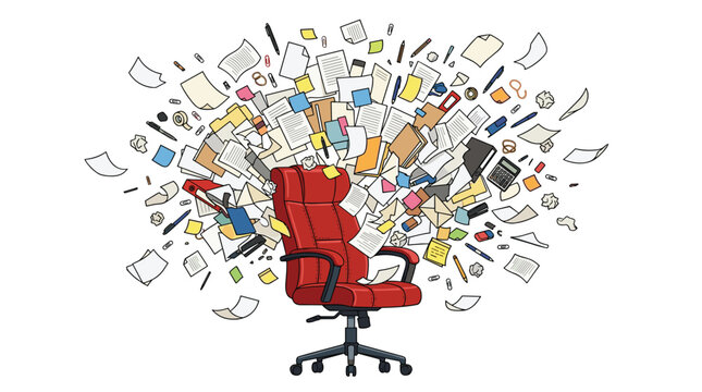 A red executive office chair sits at the center of a chaotic, floating explosion of scattered white papers and assorted business supplies in a bright room.