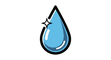 Fototapeta premium A bright blue water drop with a sparkling highlight and a thick black outline.