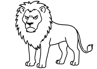 Obraz premium A lion stands fiercely in savannah landscape with mane and tail.