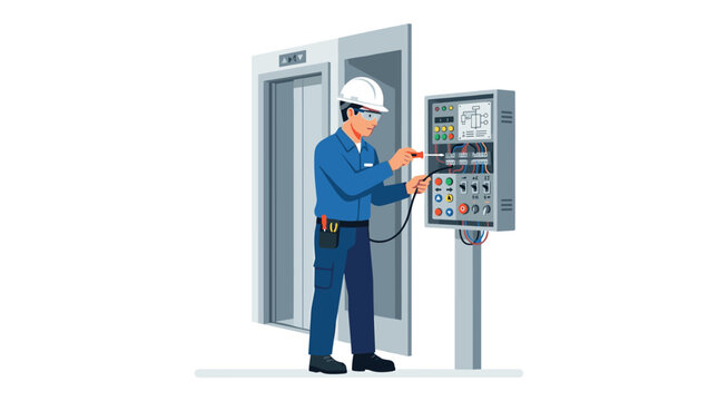 An electrical technician wearing a white hard hat and blue uniform performs a diagnostic inspection on an open elevator control panel using test probes in an office.