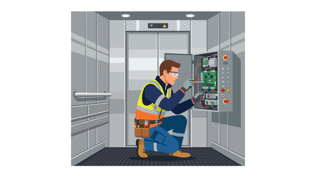A maintenance worker wearing a reflective orange vest and blue pants kneels inside an elevator cabin while repairing a complex printed circuit board control system unit.