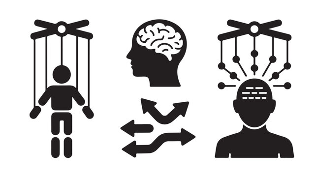 Black silhouettes of puppeteered people and brain control for manipulation and freedom concepts