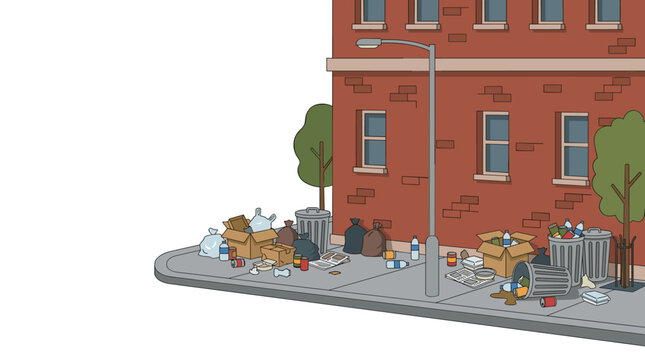 Overflowing garbage cans and scattered litter sit on the concrete sidewalk in front of a weathered brick building corner under a clear sky in this urban illustration.