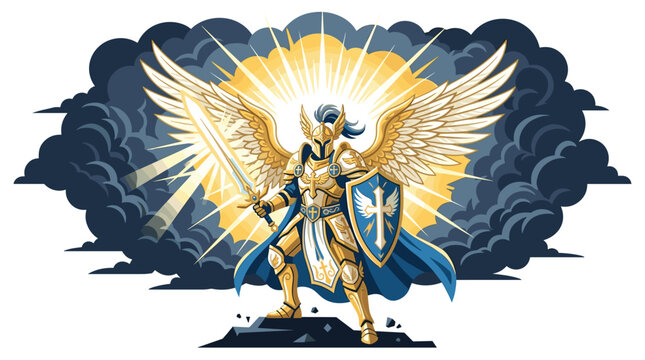 A powerful angelic warrior in gold plate armor holds a glowing sword and a cross-emblazoned shield while standing on a rocky peak amidst swirling dark storm clouds.