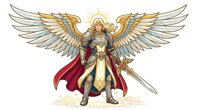 A male angel with expansive white wings and golden halo wears detailed steel armor and a red cape while holding a decorative sword in a bright minimalist setting.
