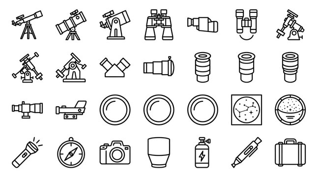 Vector Icons Set of astronomy and telescope equipment icons in thin line style. EPS Editable