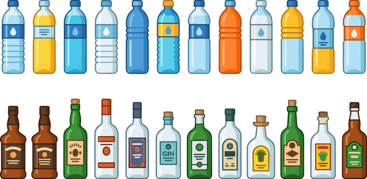 Large Vector Collection of Plastic Water Bottles and Glass Alcohol Bottles Including Wine, Whiskey, Vodka, and Beer for Beverage Branding, Packaging Design, and Bar Menu Graphics