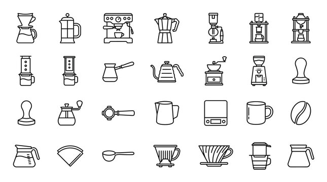 Vector Icons Set of Coffee Equipment and Brewing Tools Outline Icons. EPS Editable