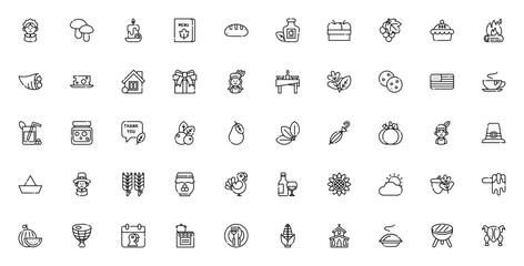 Thanksgiving icon set. Pilgrim, turkey, pumpkin, bread, pie & more. Minimal vector collection. Featuring harvest, feast, Native American, cornucopia, candle, leaves, gifts, and fall traditions. © wang