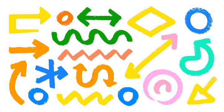 Colorful hand painted abstract shapes and arrows on a white background playful doodle style