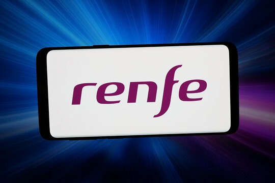 Stuttgart, Germany - 04-28-2026: In this photo illustration, the logo of Spanish state-owned railway company Renfe is displayed on a smartphone in front of abstract background on computer screen.