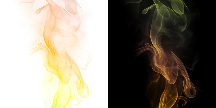 Vibrant smoke swirls in yellow, orange, and green hues on white and black backgrounds isolated on transparent background