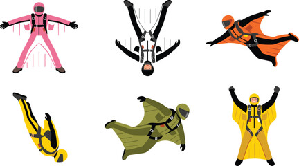Skydiving and Wingsuit Flying Set with People in Colorful Jumpsuits Performing Aerial Stunts for Extreme Sports Illustrations © Sanjida