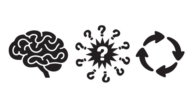 Brain with question marks and recycling arrows on white background for problem solving concepts
