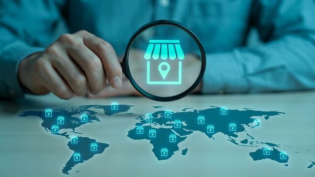 Marketing franchise smart business branch expansion online store concept with map location icons under magnifying glass showing global growth strategy for franchise marketing and business expansion
