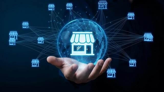 Franchise marketing concept showing smart business expansion with online store branches connected globally in digital network held by hand symbolizing growth opportunity and control in retail network