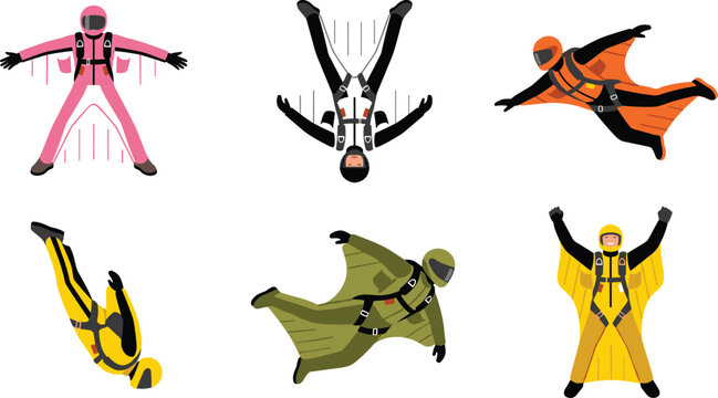 Skydiving and Wingsuit Flying Set with People in Colorful Jumpsuits Performing Aerial Stunts for Extreme Sports Illustrations