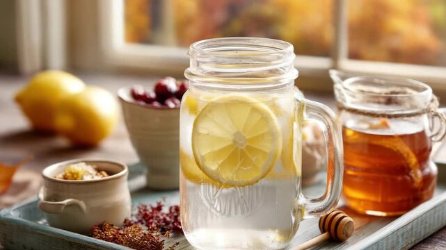 Mason jar with lemon water and honey on rustic tray near autumn window light Mason jar filled with lemon water on a fall-themed tray with herbal teas and honey pot seasonal wellness