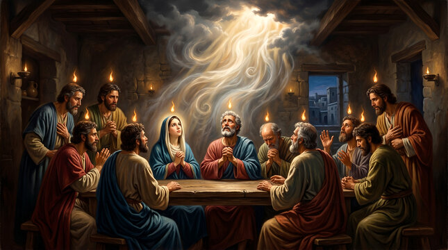 Pentecost holy spirit with Virgin Mary and apostles praying in the upper room illustration