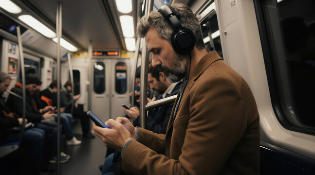 Man with headphones uses phone on subway. Commuters travel underground using mobile devices. People listen music, browse net during daily transit.