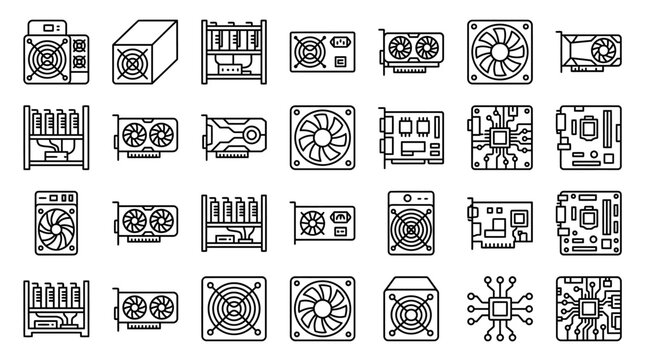 Vector Icons Set of computer hardware and mining components doodle icons. EPS Editable