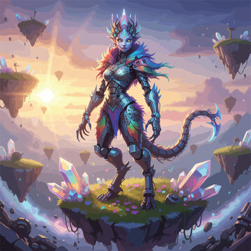 A powerful alien queen in cybernetic armor stands on a floating island surrounded by giant glowing crystals and a breathtaking, vibrant sunset sky.