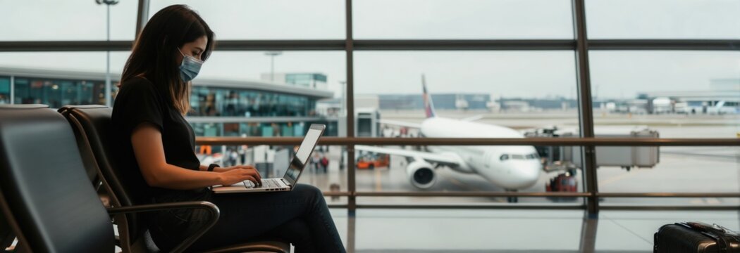 Woman wears face mask types on laptop computer at airport gate. Airplane waits on tarmac near large window. Traveler works on notebook before flight.