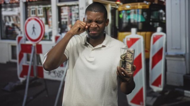 Young man holding glass jar of dollars rubbing eye in street near construction barriers and bus; frustration.