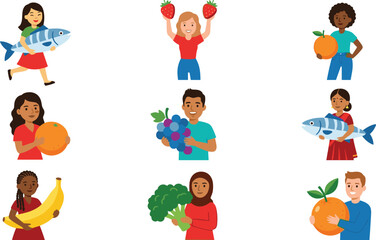 Fototapeta premium Healthy Lifestyle and Fresh Produce Set with People Holding Fruits, Vegetables, and Fish for Nutrition and Wellness Illustrations