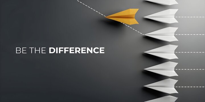 One Golden Paper Airplane Breaking Away From White Paper Planes Formation Be The Difference Leadership Concept on Dark Grey Background