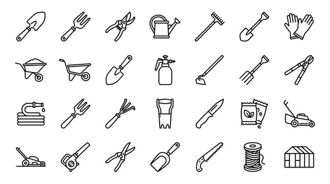 Vector Icons Set of gardening tools and equipment line icons. EPS Editable