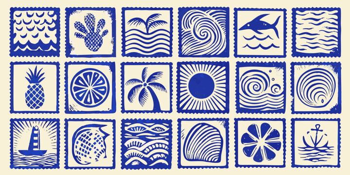 Nautical themed stamps collection blue ink illustration on beige
