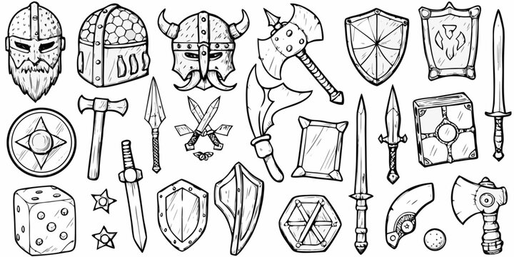 hand drawn medieval weapons and armor set black and white sketch