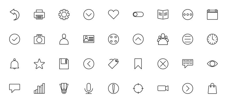 Essential 9880 icon set. Minimal vector icons pack. Includes Back arrow, Printer, Settings, Heart, Calendar, User, Chat, Star, Camera, Warning, Target and more. Editable stroke.