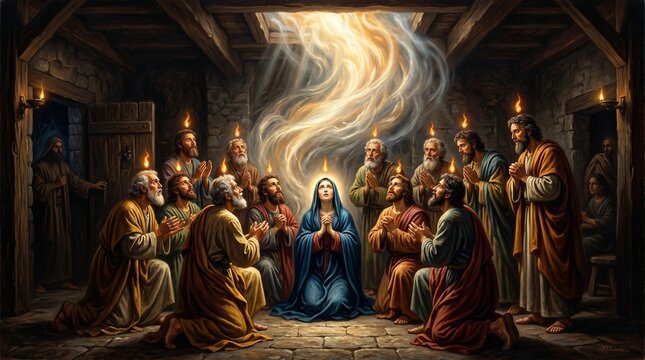 Pentecost holy spirit with Virgin Mary and apostles praying in the upper room illustration