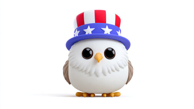 An owl with big eyes and a smiling beak. The owl wears a top hat with a pattern of stars and stripes, reminiscent of the US flag.