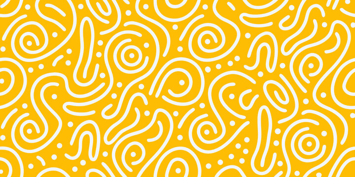 abstract seamless pattern of white curvy lines and swirls on a bright yellow background