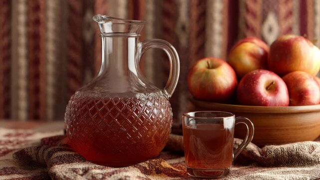 Rustic apple cider in mason jar with fresh apples on wooden table in warm light Making Homemade Apple Cider concept of organic autumn harvest