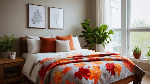 Cozy autumn-inspired bedroom with earthy tones and natural textures Luxury Fall Throw Blankets Modern rustic concept with neutral background