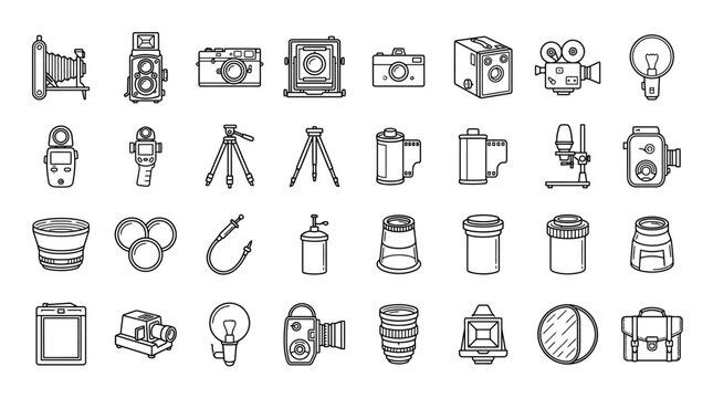 Vector Icons Set of hand drawn photography equipment icons and camera gear. EPS Editable