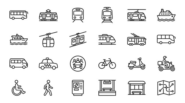 Vector Icons Set of Hand Drawn Public Transportation and Travel Icons. EPS Editable