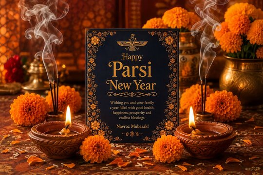 Elegant Parsi New Year Greeting Card with Glowing Diyas and Marigold Floral Decoration