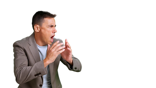 Frustrated man yelling with hands expressive on transparent background