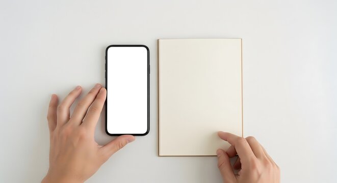 Top-down view of a person's hands interacting with a blank smartphone screen and a plain notebook on a clean white surface, perfect for showcasing digital and analog content.